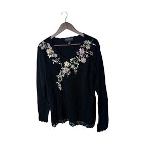 Celina Yang Designs Sweater Womens large Black Floral Embroidered Knit Pullover